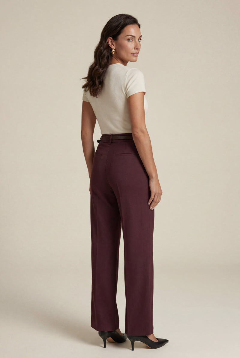 Burgundy High-waisted Wide-leg Tailored Trousers with Belt - Wide leg trousers - Photo 2