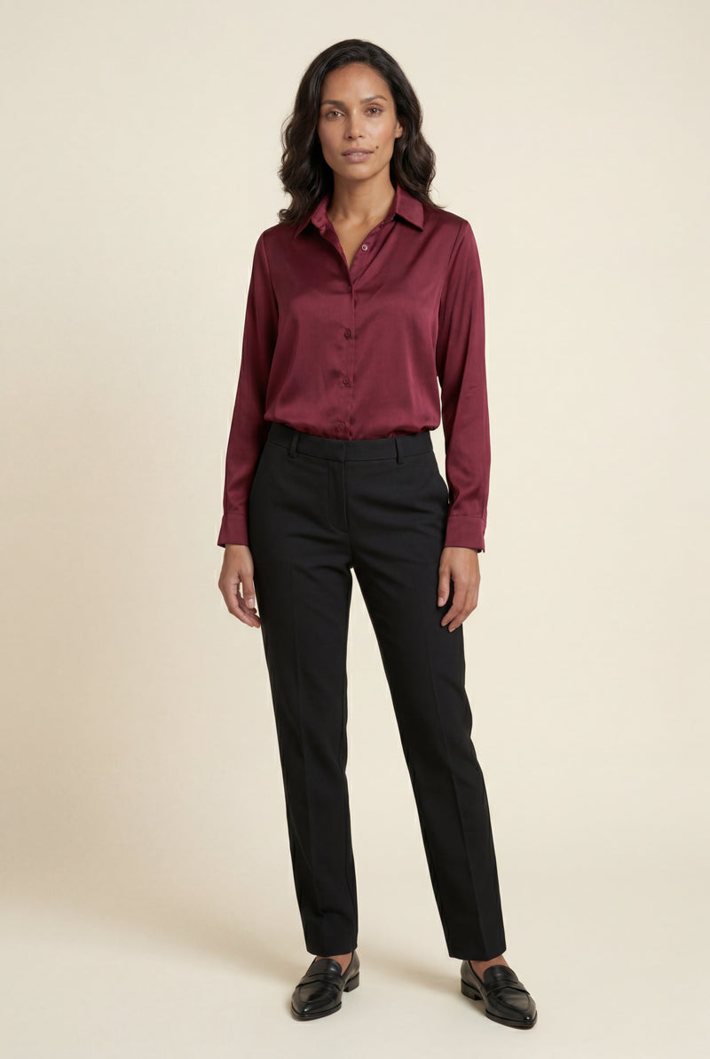 Burgundy Lustrous Tailored Long Sleeve Button-up Blouse - Blouses - Photo 1