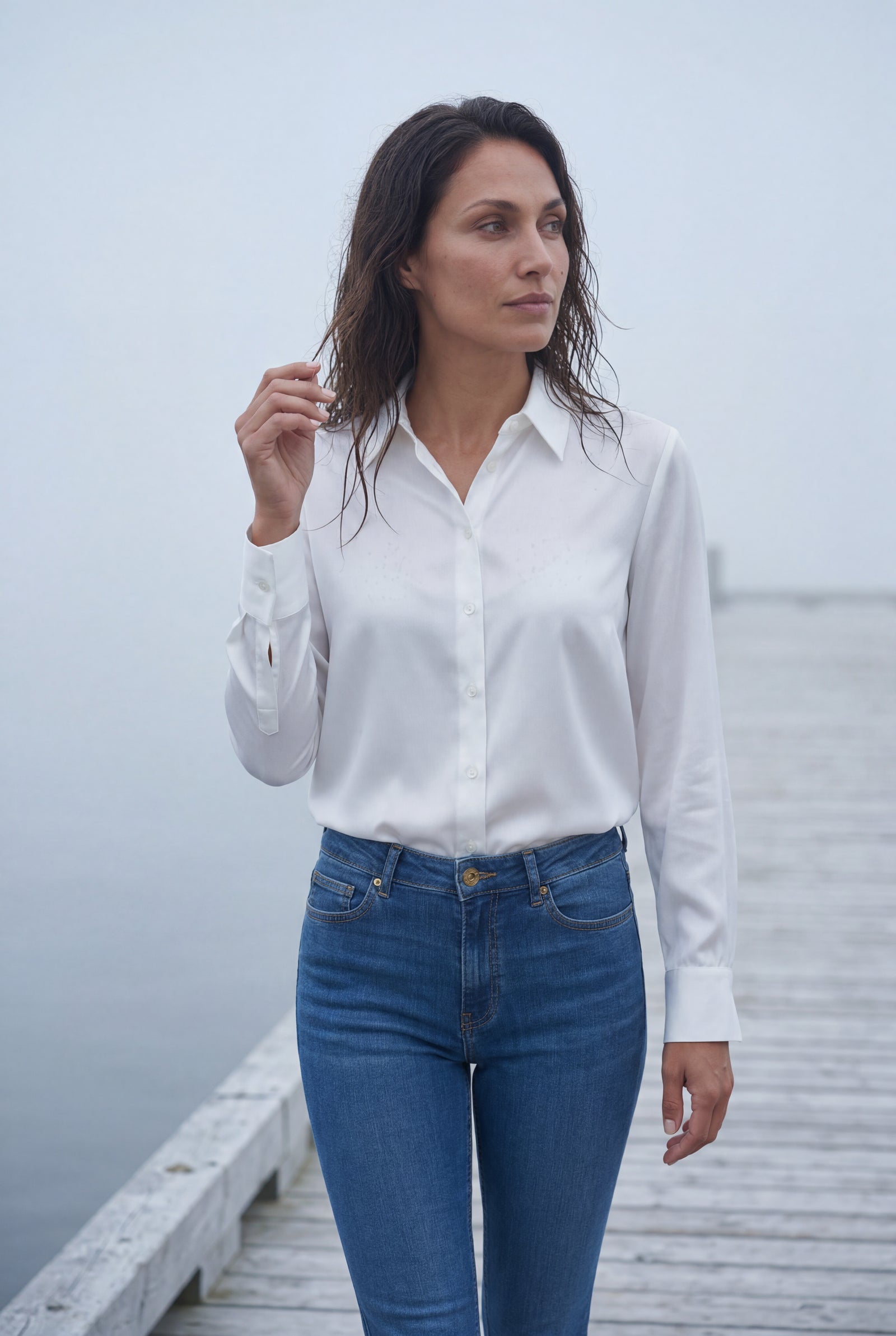 White Lustrous Tailored Long Sleeve Button-up Blouse - Blouses - Photo 15