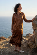 Brown Lustrous Tailored Long Sleeve Button-up Blouse - Blouses - Photo 19