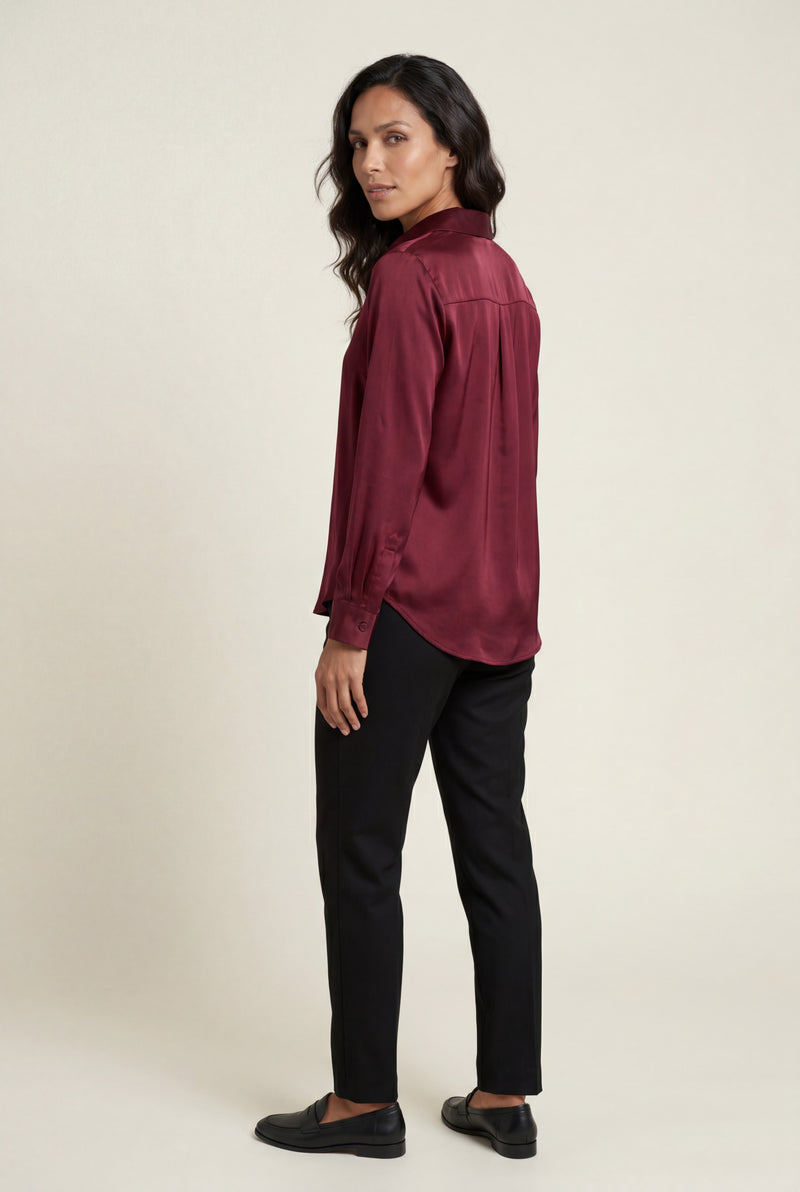 Burgundy Lustrous Tailored Long Sleeve Button-up Blouse - Blouses - Photo 2