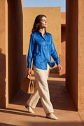 Blue Lustrous Tailored Long Sleeve Button-up Blouse - Blouses - Photo 21