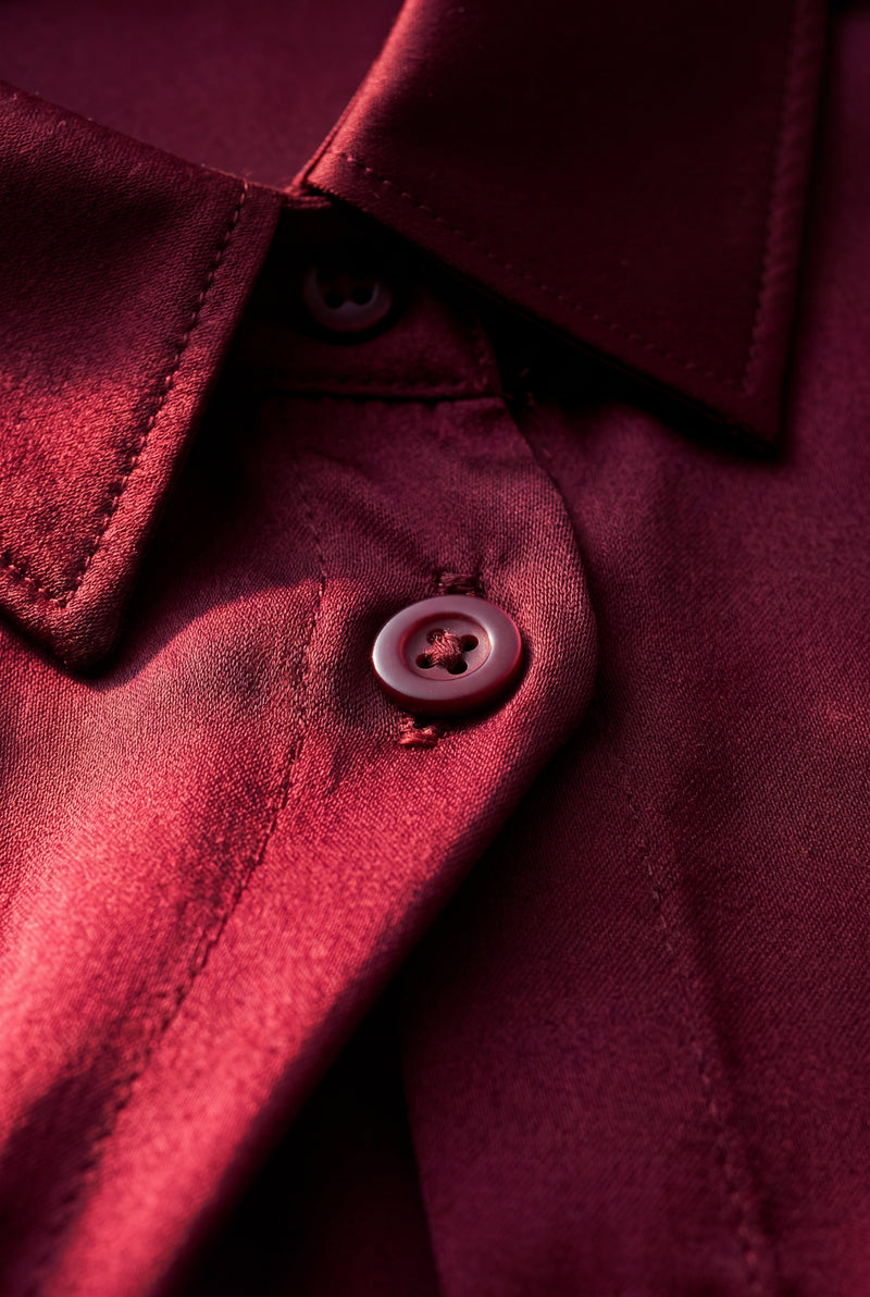 Burgundy Lustrous Tailored Long Sleeve Button-up Blouse - Blouses - Photo 3