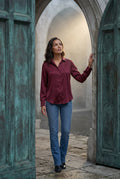 Burgundy Lustrous Tailored Long Sleeve Button-up Blouse - Blouses - Photo 5