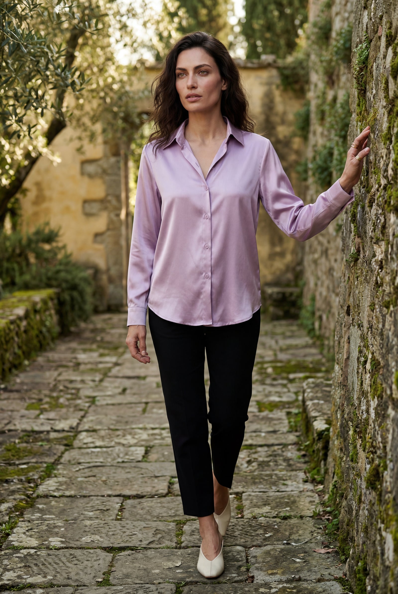 Purple Lustrous Tailored Long Sleeve Button-up Blouse - Blouses - Photo 6