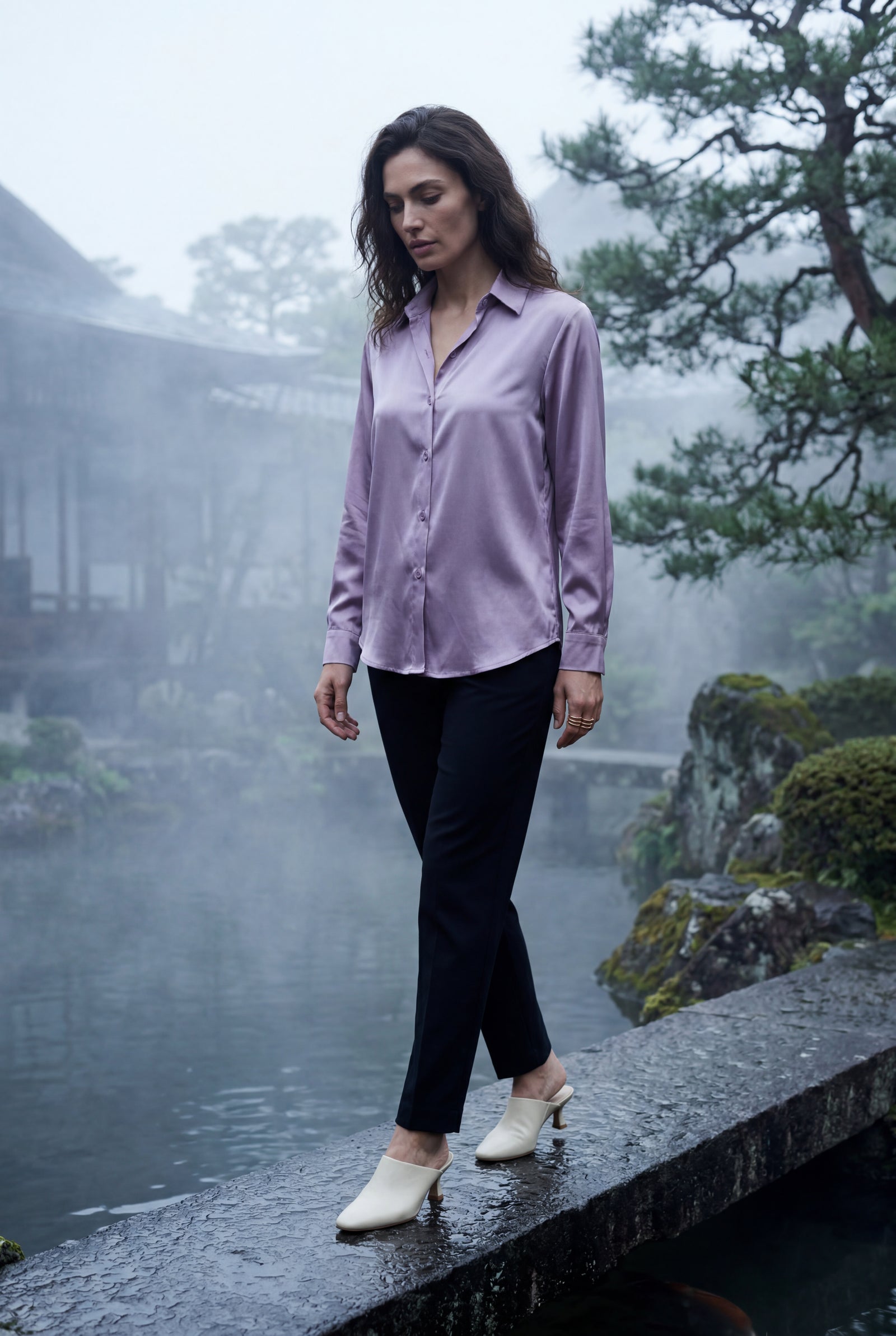 Purple Lustrous Tailored Long Sleeve Button-up Blouse - Blouses - Photo 8