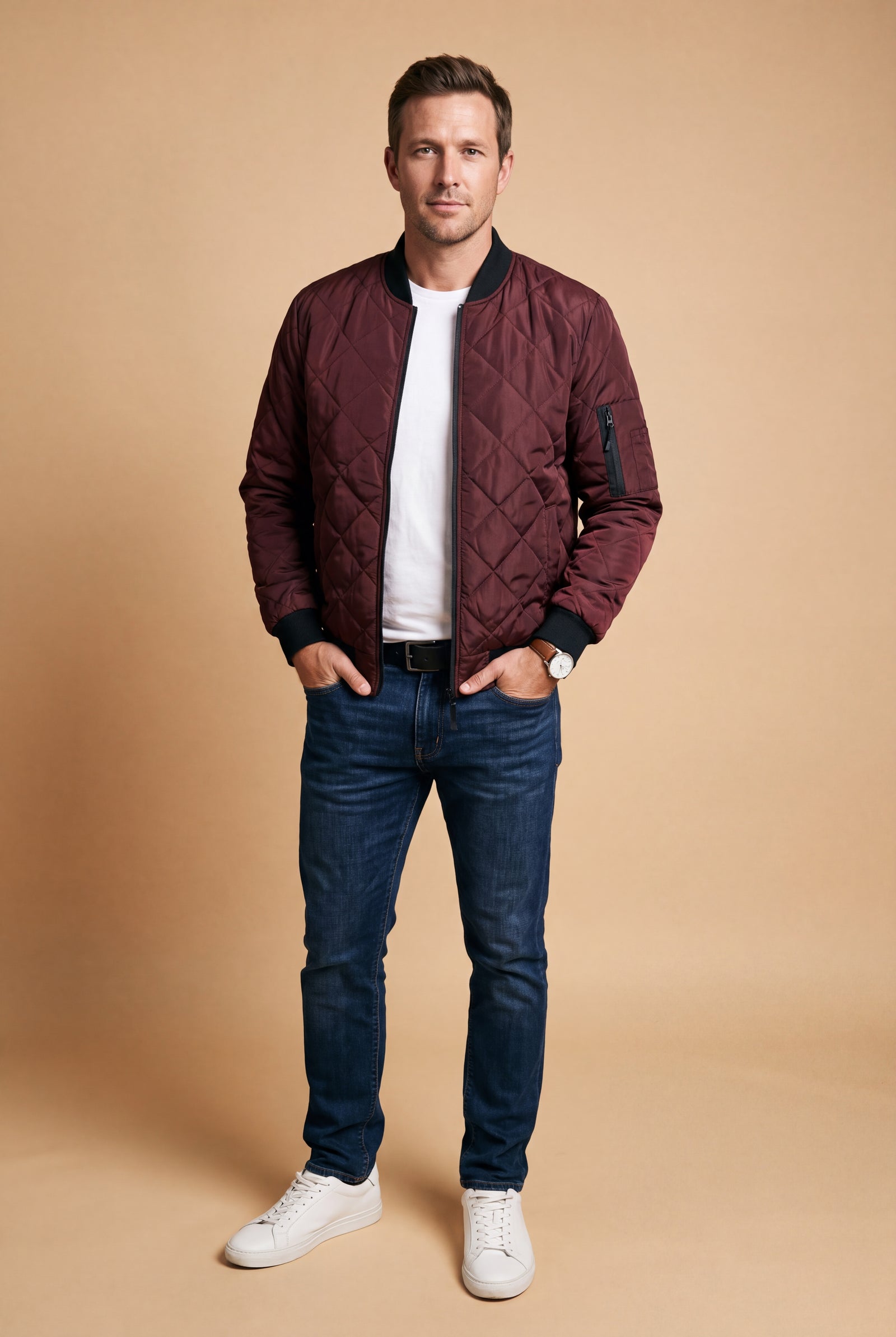 Men's Jacket Diamond Pattern in Burgundy — studio shot