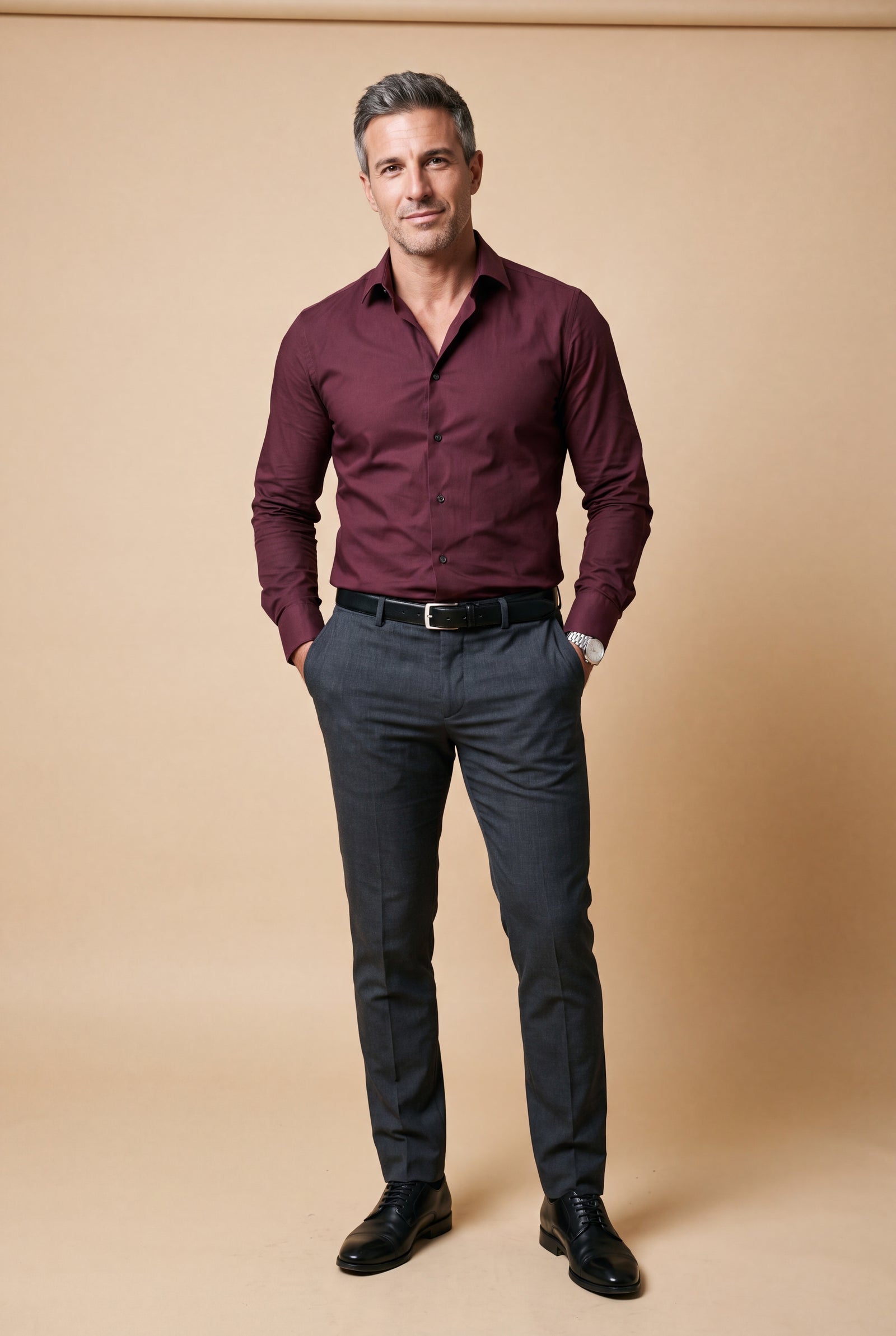 Men's Shirt Slim Fit in Burgundy — studio full body