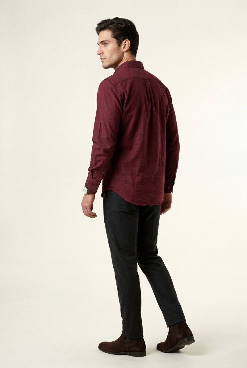 Burgundy Men's Burgundy Classic Collar Long Sleeve Casual Shirt - Casual Shirts - Photo 2