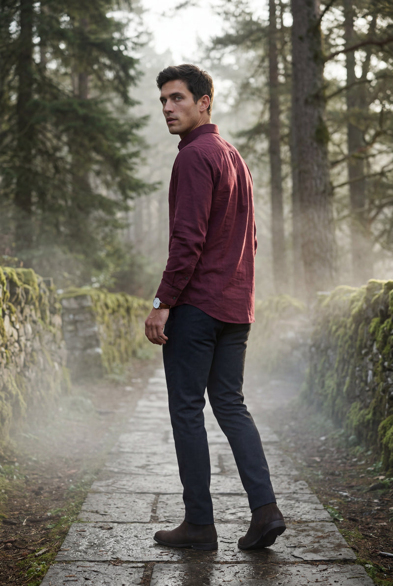 Burgundy Men's Burgundy Classic Collar Long Sleeve Casual Shirt - Casual Shirts - Photo 4