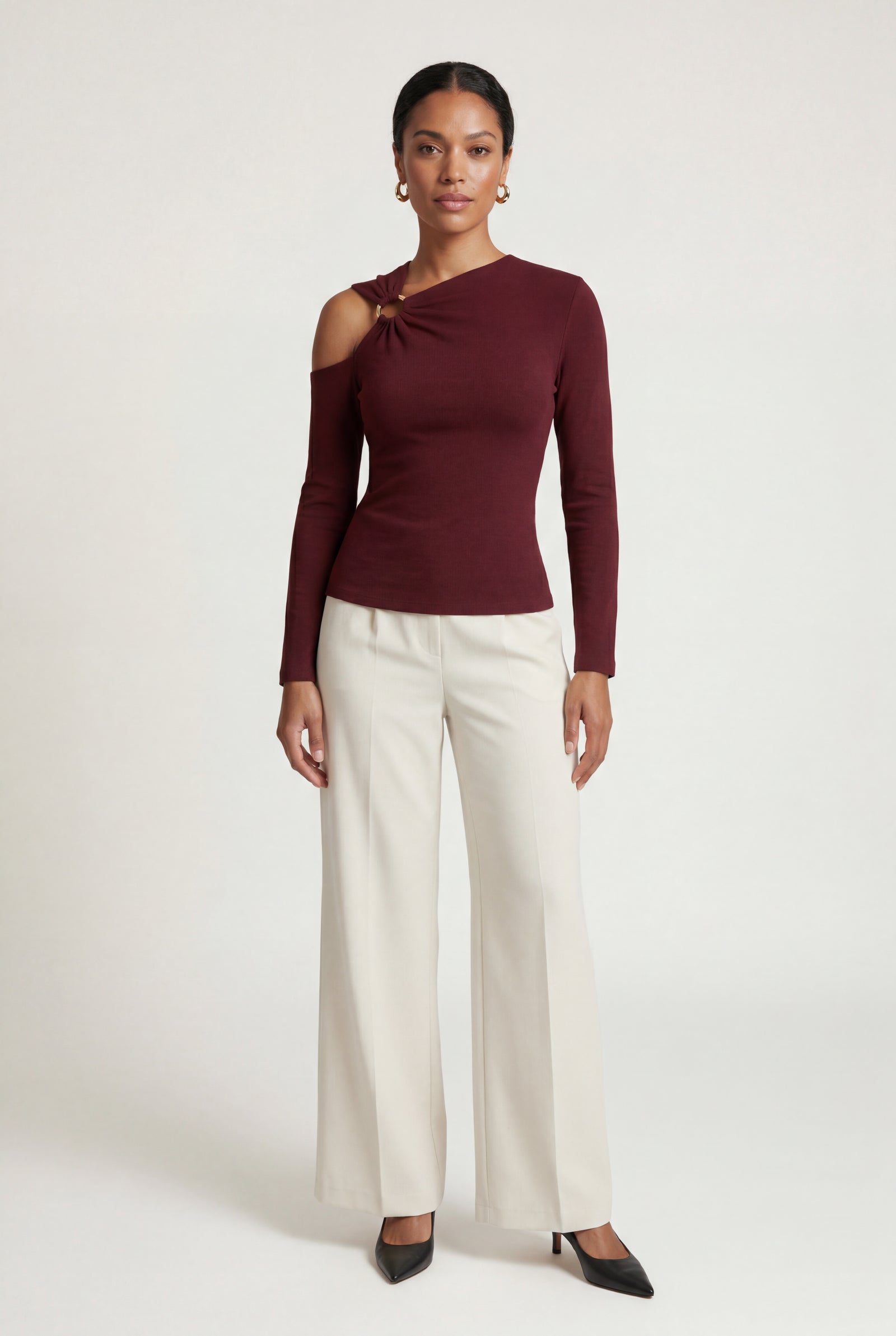 Burgundy One-shoulder Ribbed Top with Gold Ring Detail - One shoulder top - Photo 7