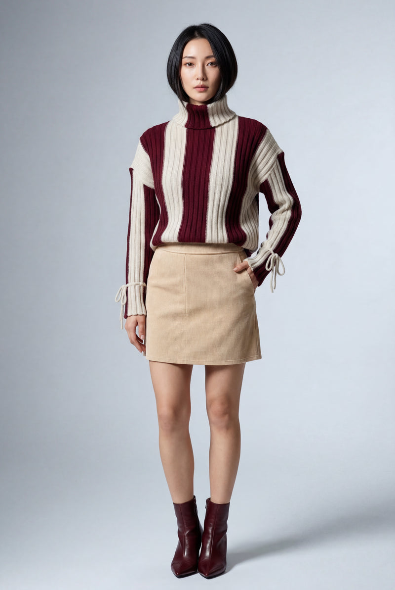 Burgundy Oversized Chunky Ribbed Turtleneck Striped Sweater - Oversized sweater - Photo 1
