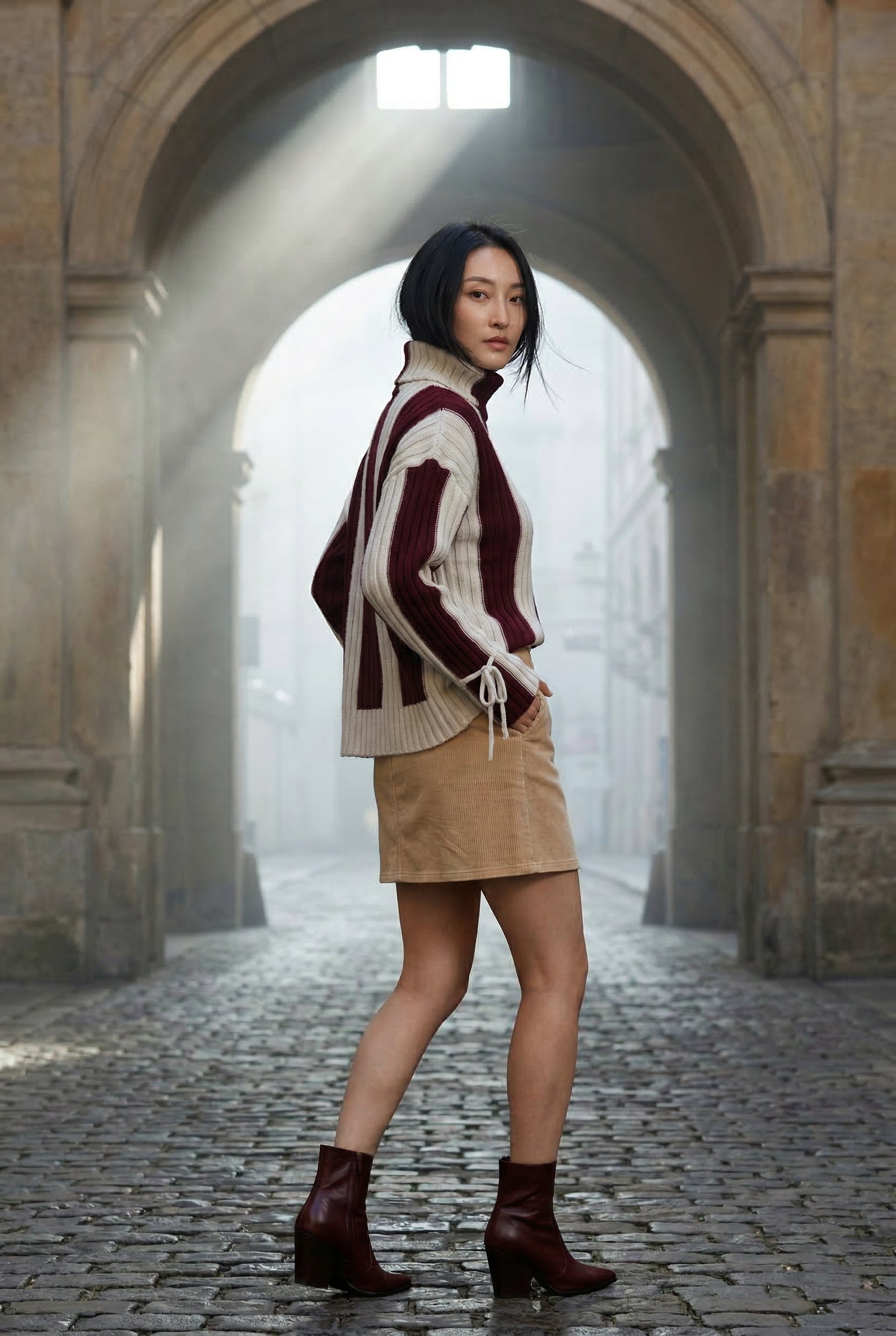 Burgundy Oversized Chunky Ribbed Turtleneck Striped Sweater - Oversized sweater - Photo 3