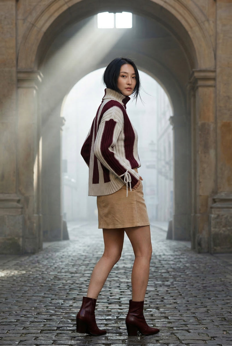 Burgundy Oversized Chunky Ribbed Turtleneck Striped Sweater - Oversized sweater - Photo 3