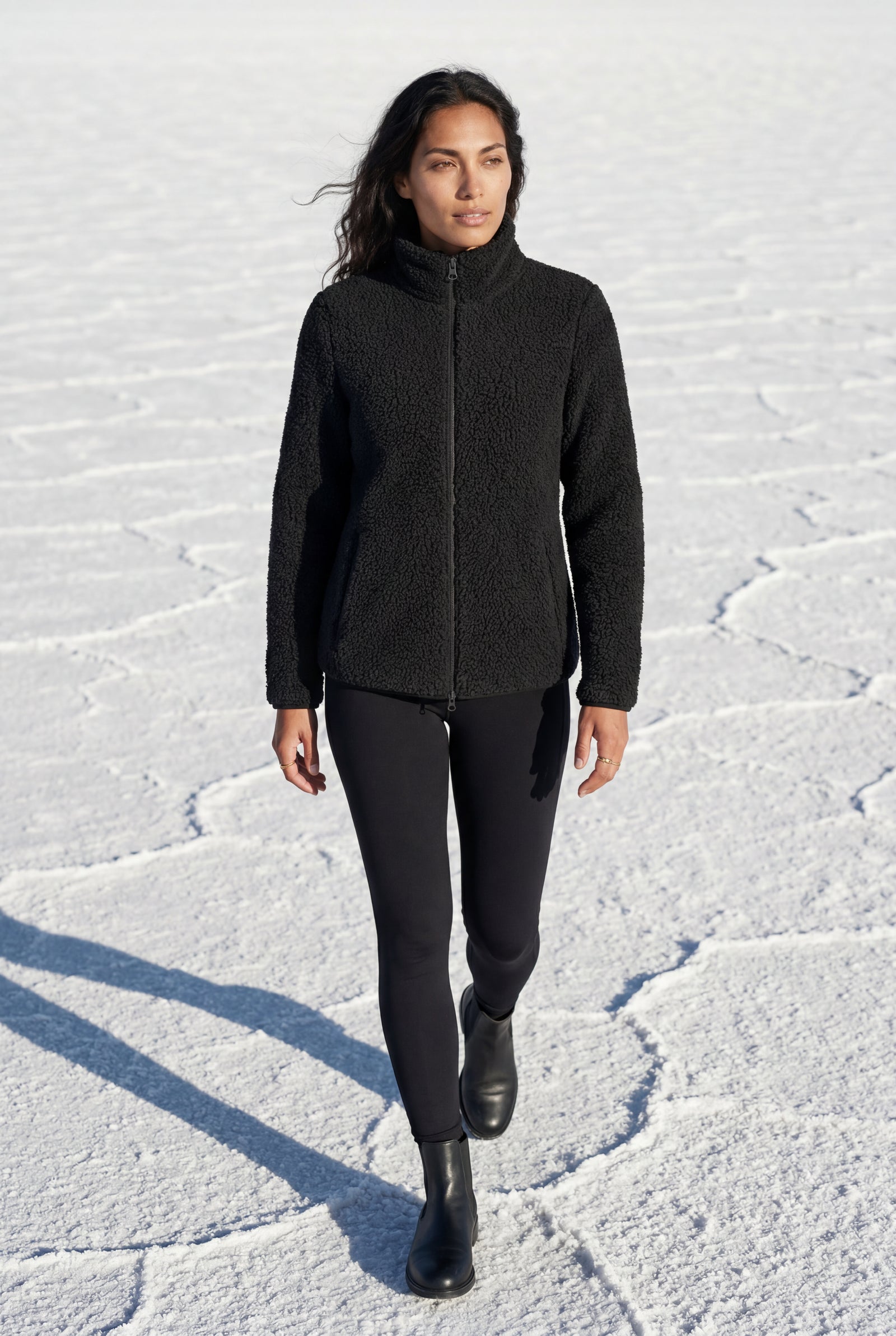 Black Plush Zip-up Jacket with Stand Collar - Fleece jacket - Photo 20