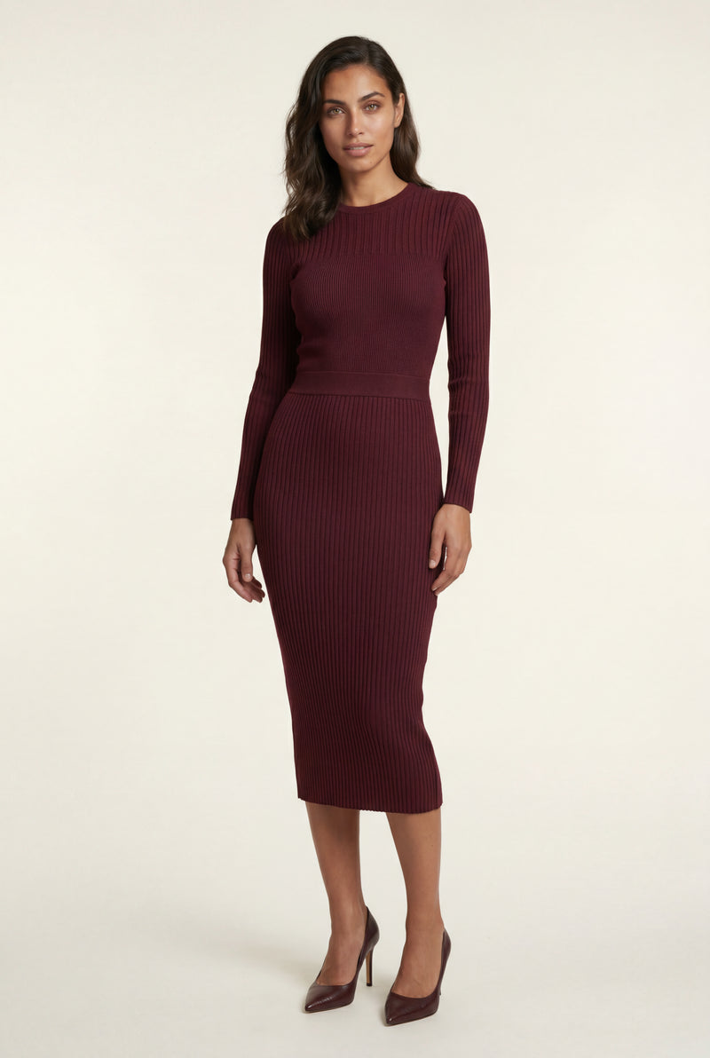 Burgundy Ribbed Bodycon Midi Dress with Long Sleeves - Bodycon dress - Photo 1
