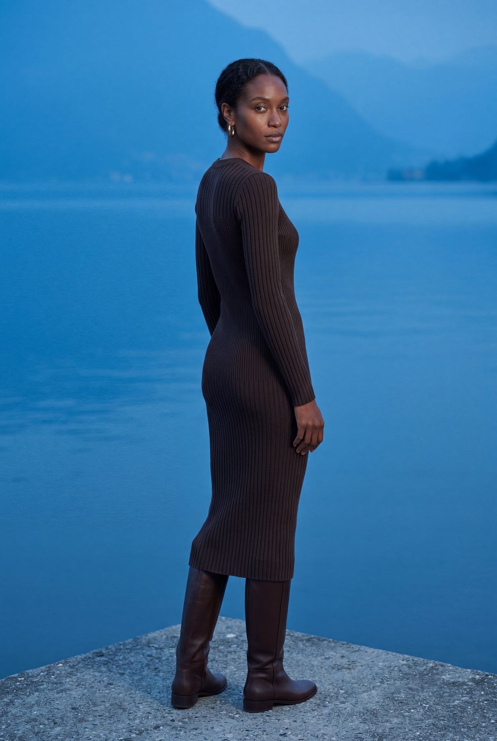 Brown Ribbed Bodycon Midi Dress with Long Sleeves - Bodycon dress - Photo 11