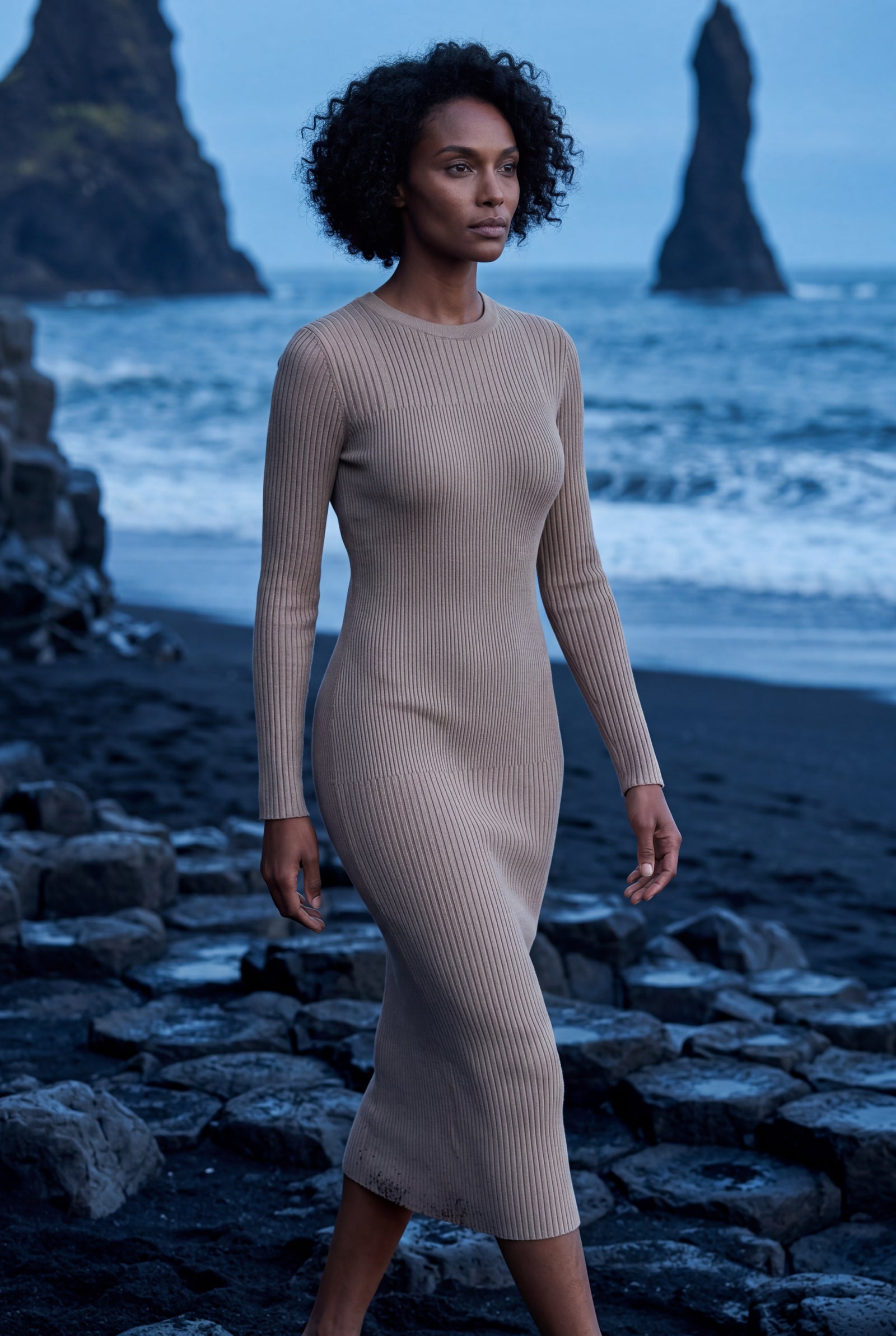 Khaki Ribbed Bodycon Midi Dress with Long Sleeves - Bodycon dress - Photo 12