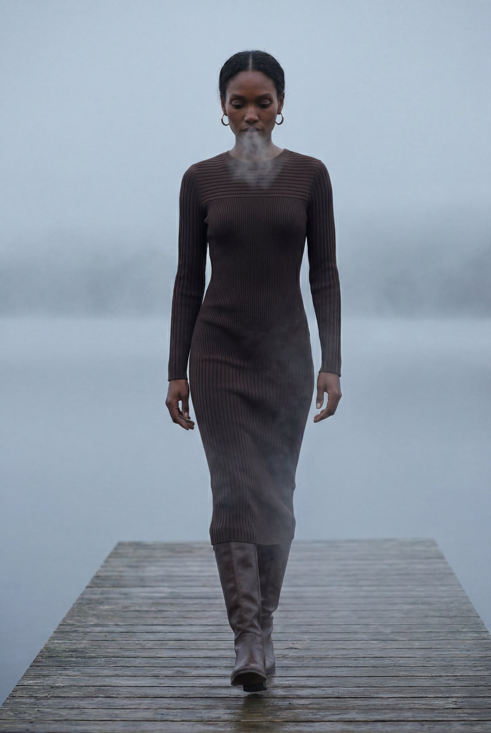 Brown Ribbed Bodycon Midi Dress with Long Sleeves - Bodycon dress - Photo 14