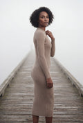 Khaki Ribbed Bodycon Midi Dress with Long Sleeves - Bodycon dress - Photo 15