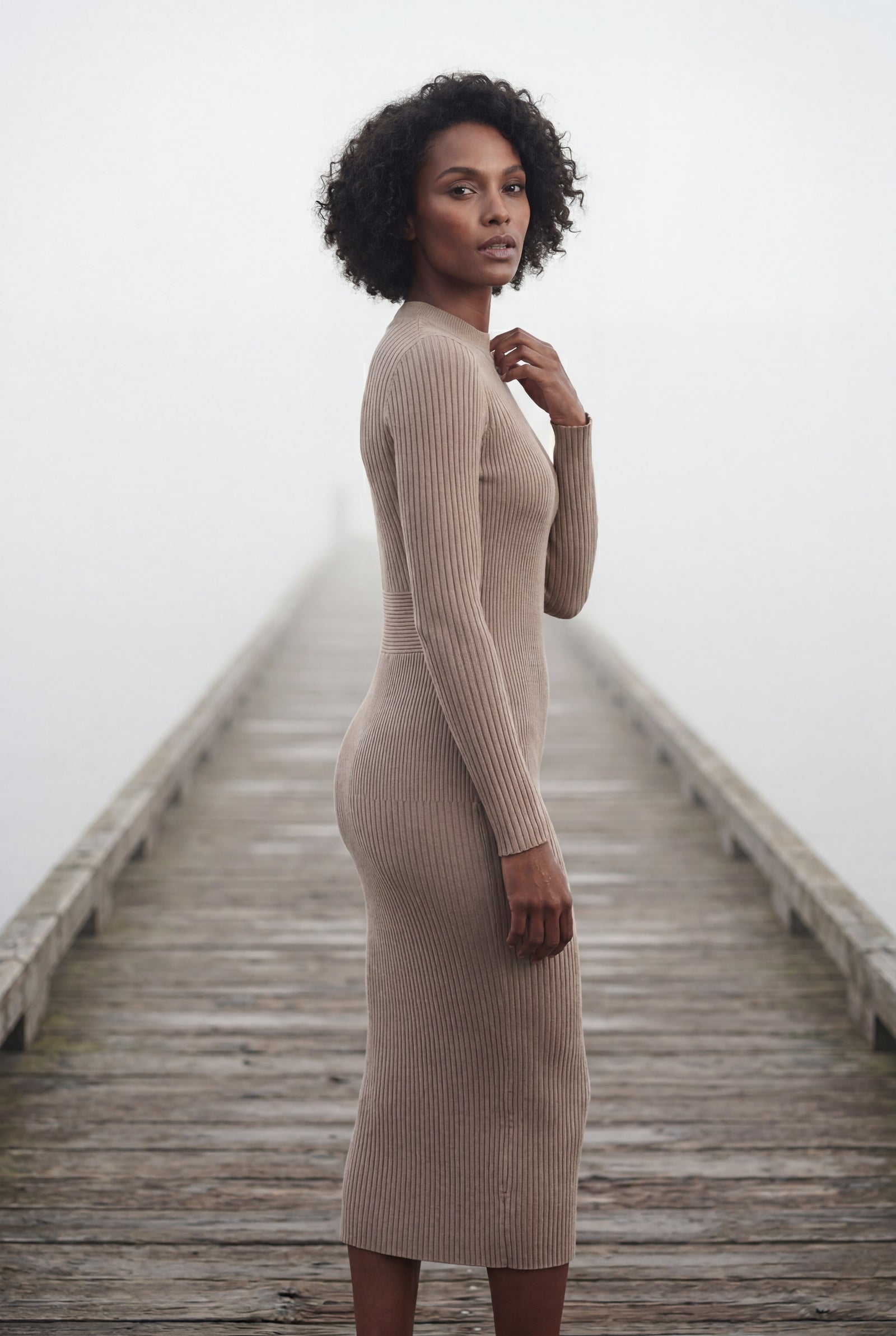 Khaki Ribbed Bodycon Midi Dress with Long Sleeves - Bodycon dress - Photo 15