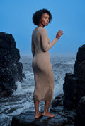 Khaki Ribbed Bodycon Midi Dress with Long Sleeves - Bodycon dress - Photo 18