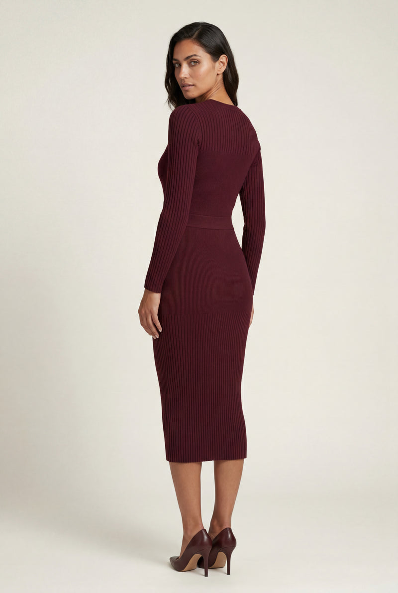 Burgundy Ribbed Bodycon Midi Dress with Long Sleeves - Bodycon dress - Photo 2