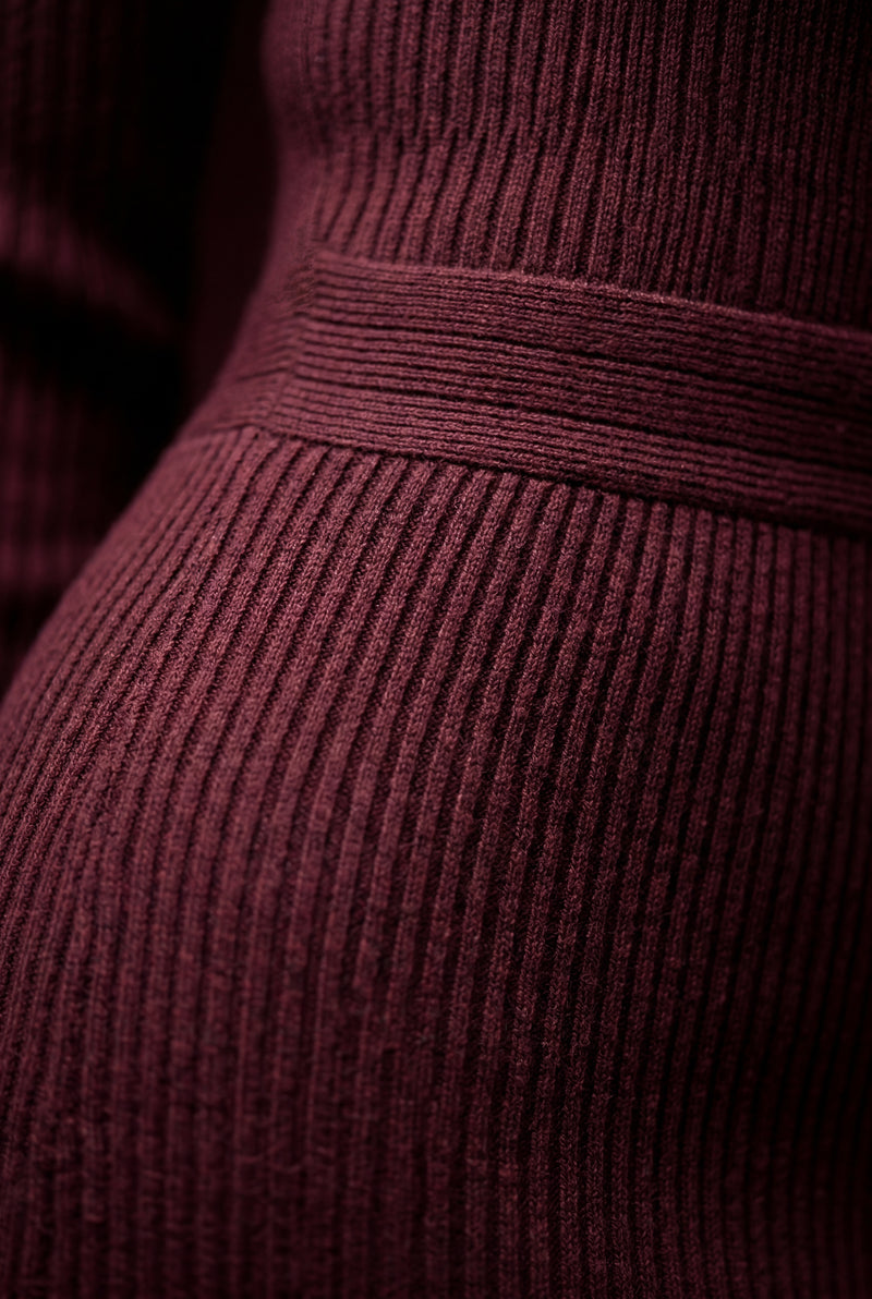 Burgundy Ribbed Bodycon Midi Dress with Long Sleeves - Bodycon dress - Photo 3