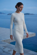 White Ribbed Bodycon Midi Dress with Long Sleeves - Bodycon dress - Photo 6