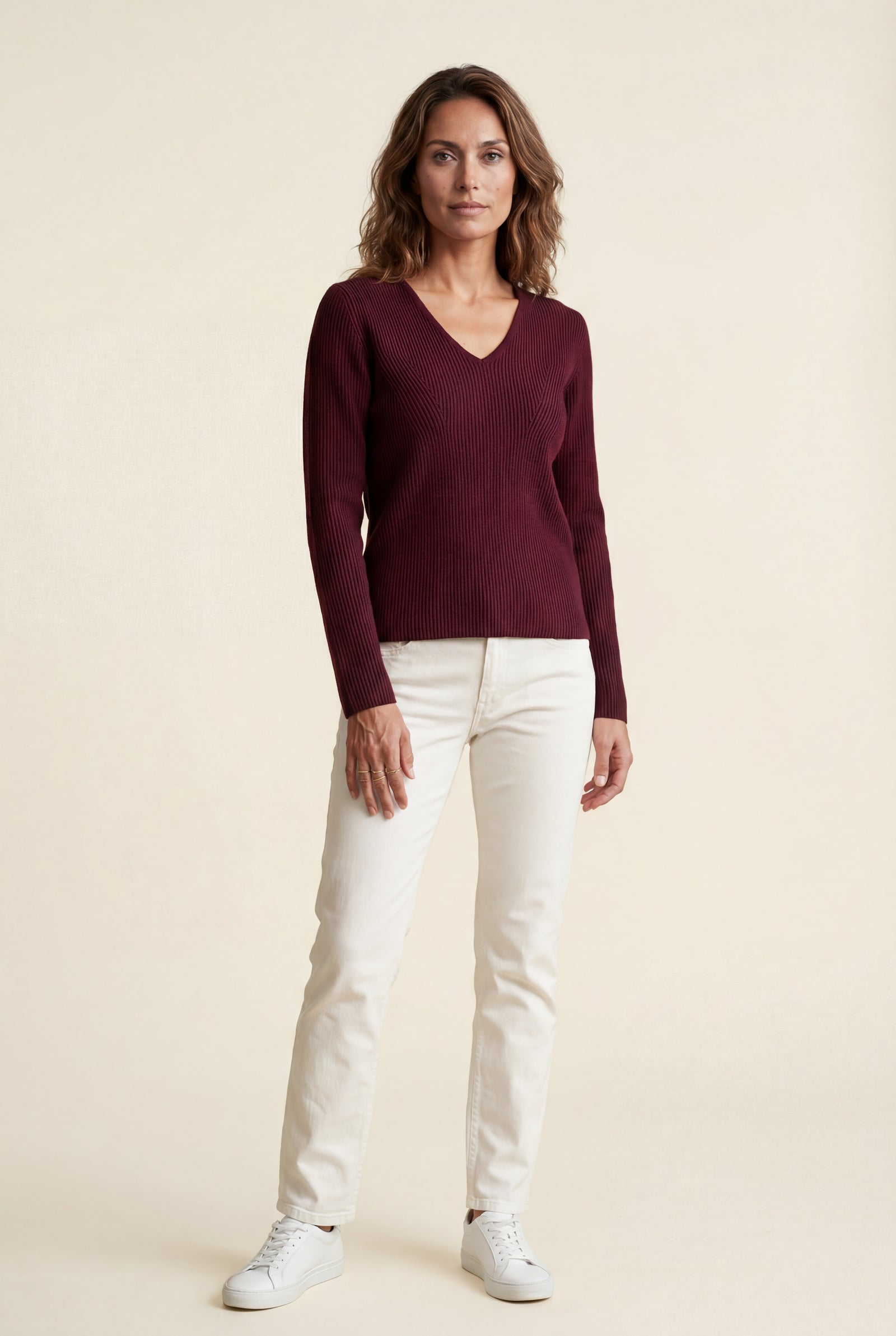 Ribbed V-Neck Sweater - Burgundy - Photo 1