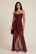 Burgundy Ruched Asymmetric Hem Maxi Dress with Ruffle Trim - Photo 2