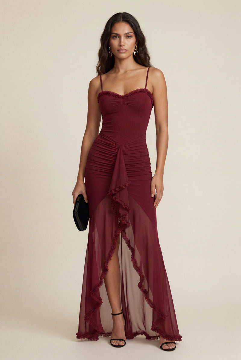 Burgundy Ruched Asymmetric Hem Maxi Dress with Ruffle Trim - Photo 2