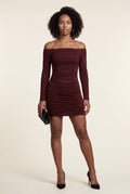 Burgundy Ruched Off-shoulder Bodycon Mini Dress with Long Sleeves - Bodycon dress - Photo 11