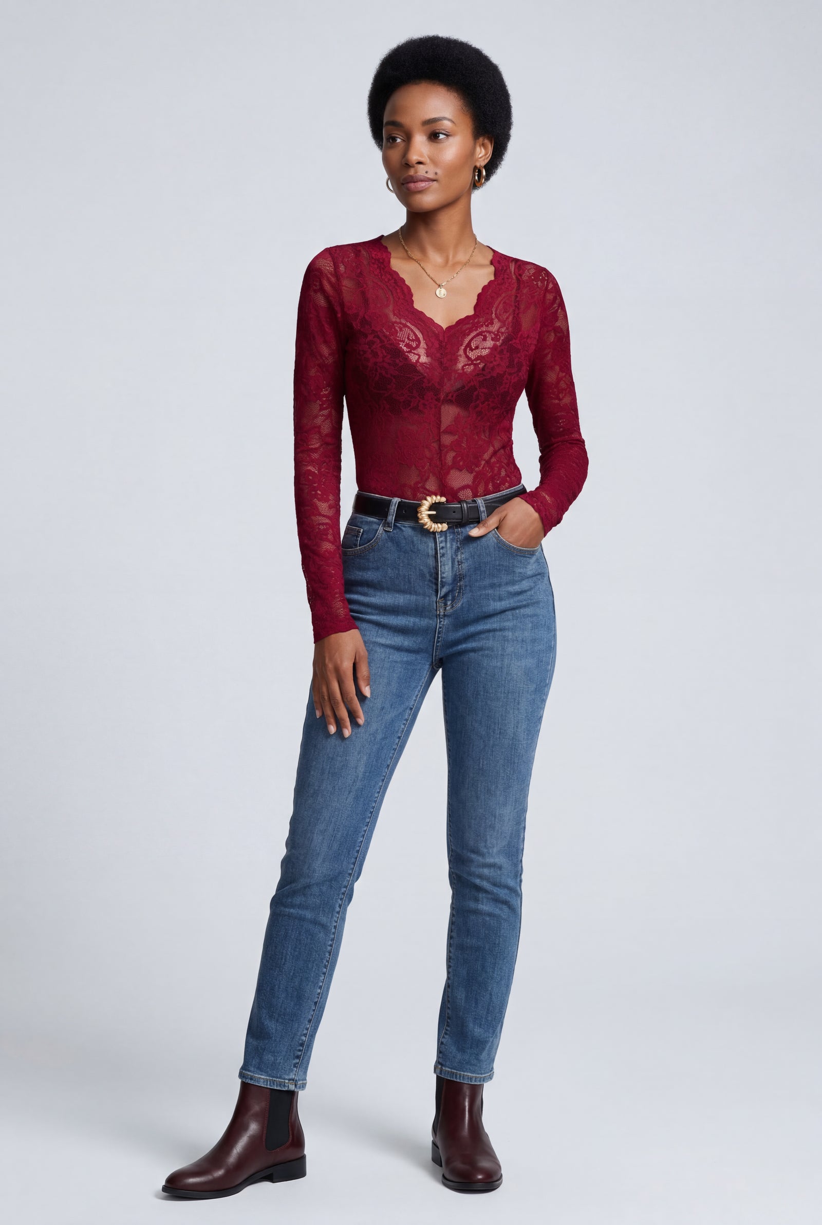 Burgundy Scalloped Floral Lace Long Sleeve Bodysuit Top - Lace top - Photo 5