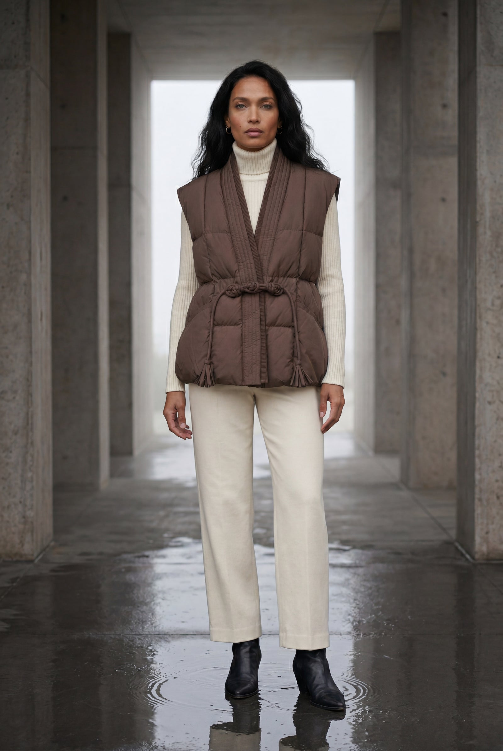 Brown Sleeveless Belted Padded Bodywarmer Vest with Rope Belt - Bodywarmers - Photo 14