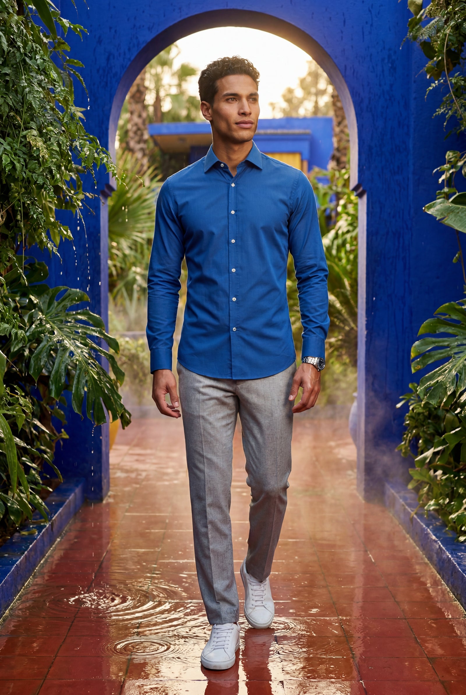Blue Slim Fit Textured Dress Shirt with Spread Collar - Dress Shirts - Photo 11
