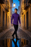 Purple Slim Fit Textured Dress Shirt with Spread Collar - Dress Shirts - Photo 16