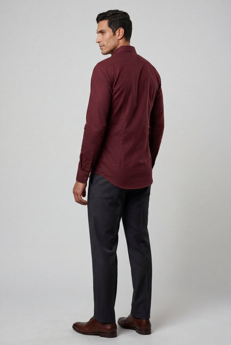 Burgundy Slim Fit Textured Dress Shirt with Spread Collar - Dress Shirts - Photo 2