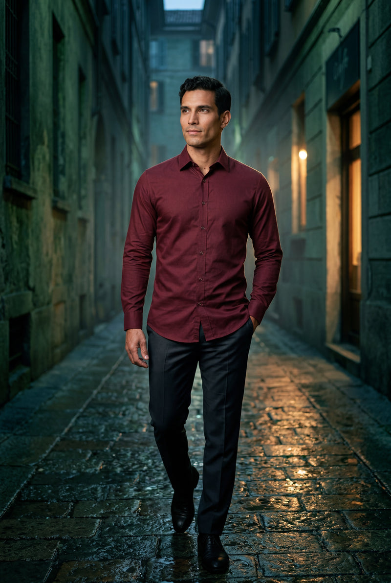 Burgundy Slim Fit Textured Dress Shirt with Spread Collar - Dress Shirts - Photo 4