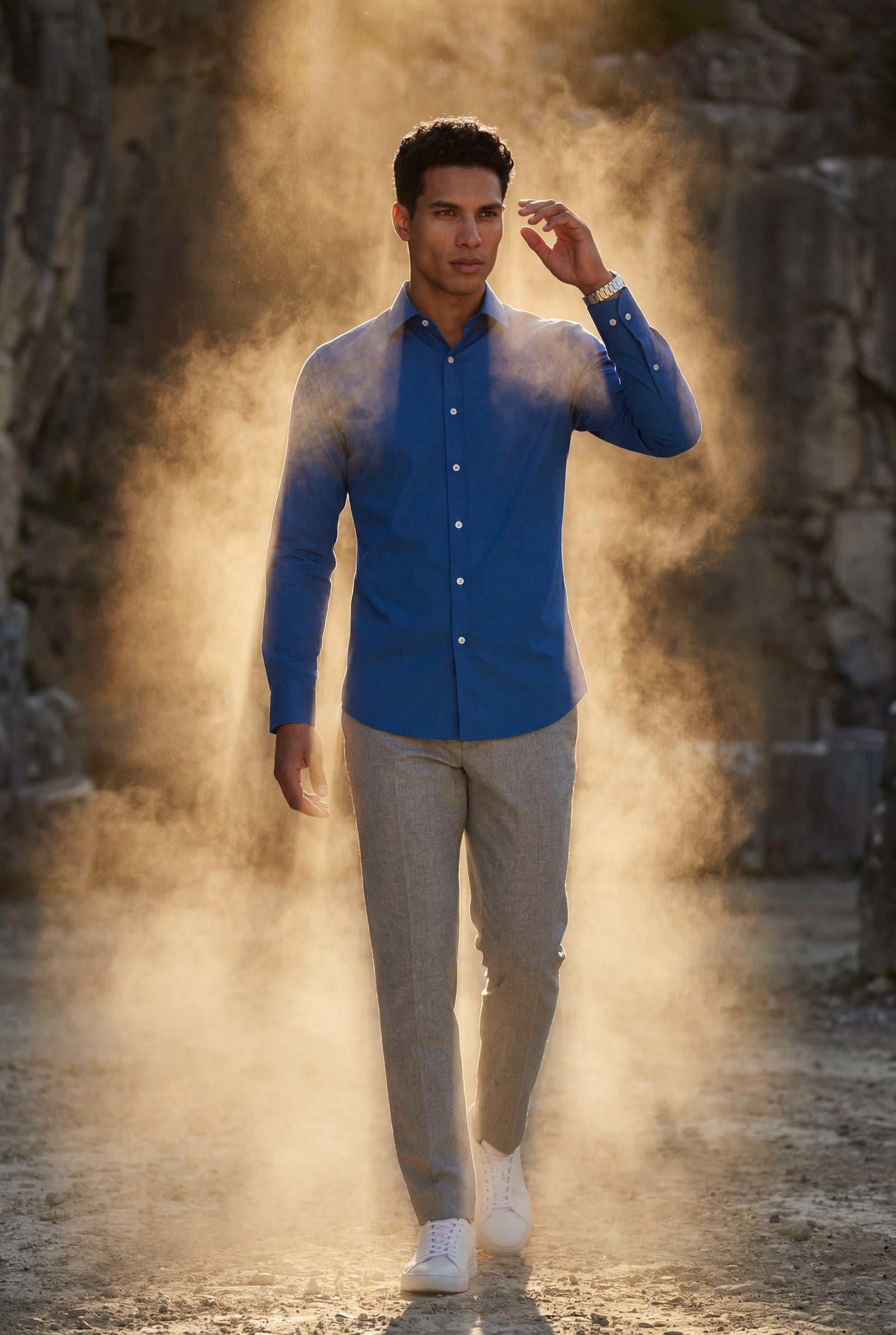 Blue Slim Fit Textured Dress Shirt with Spread Collar - Dress Shirts - Photo 8