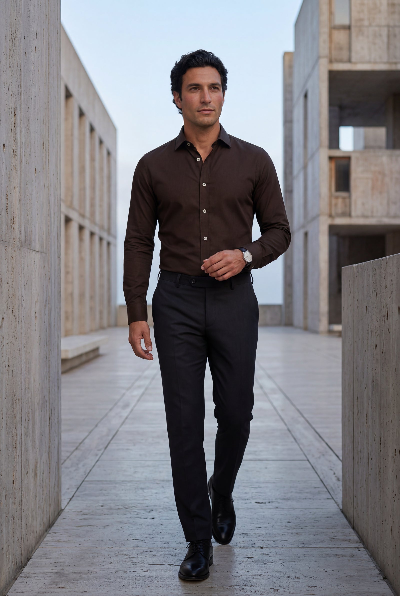 Dark Brown Slim Fit Textured Dress Shirt with Spread Collar - Dress Shirts - Photo 9