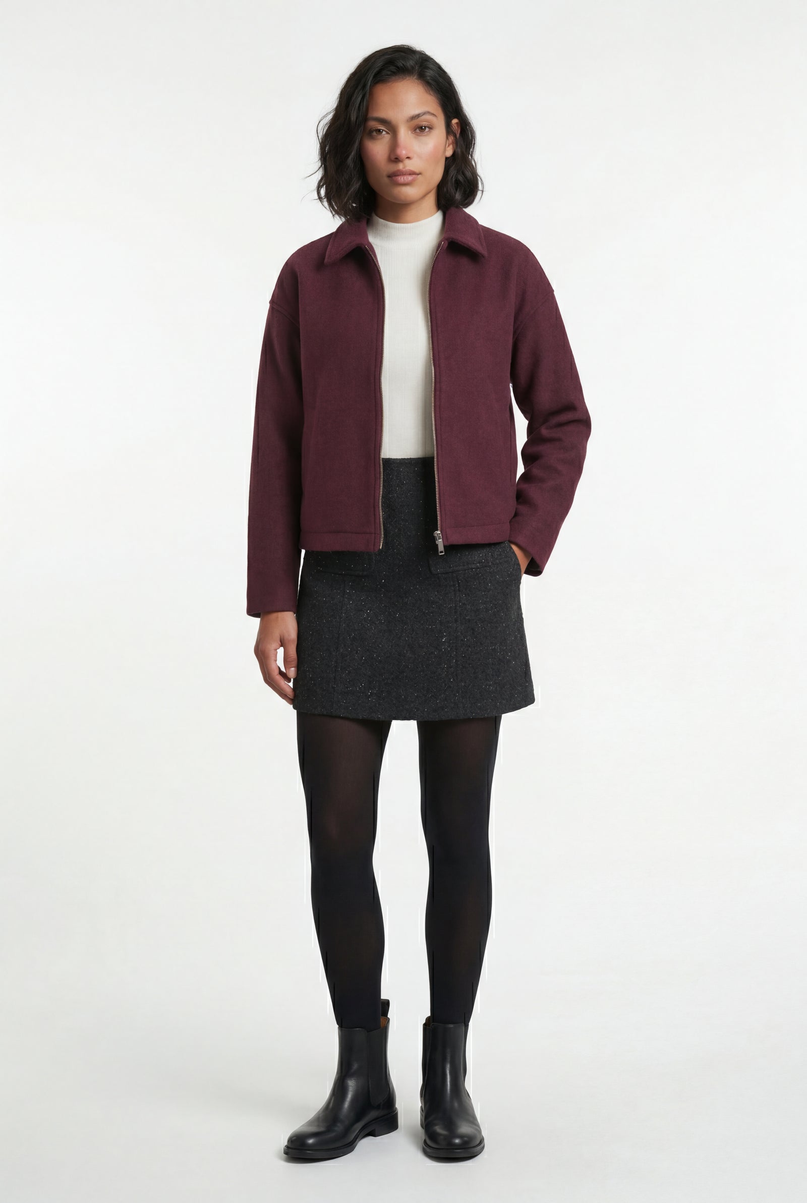 Burgundy Structured Zip-up Boxy Collared Jacket - Zip up jacket - Photo 6