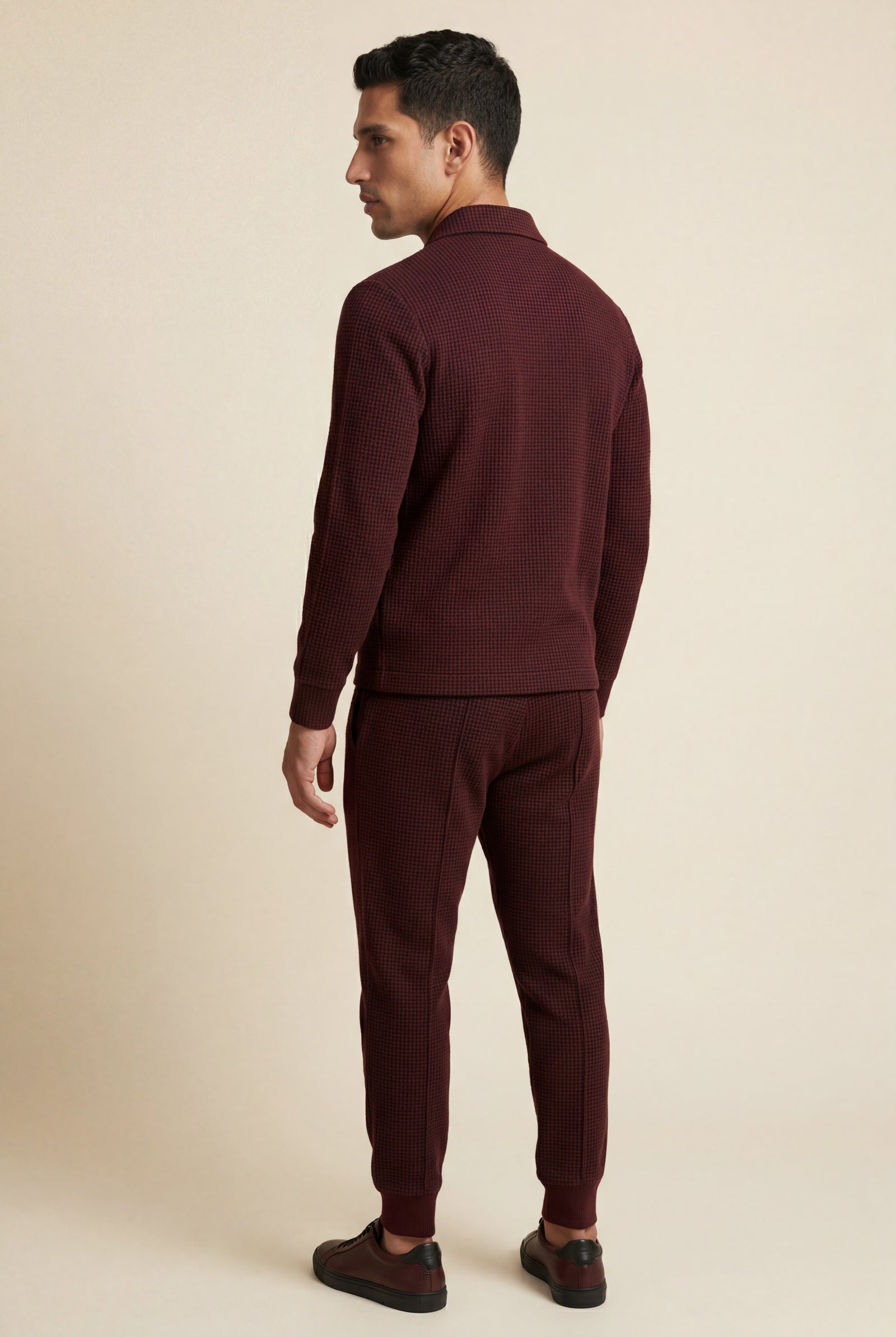 Burgundy Textured Zip-up Jacket and Jogger Set with Ribbed Detail - Two piece set - Photo 3