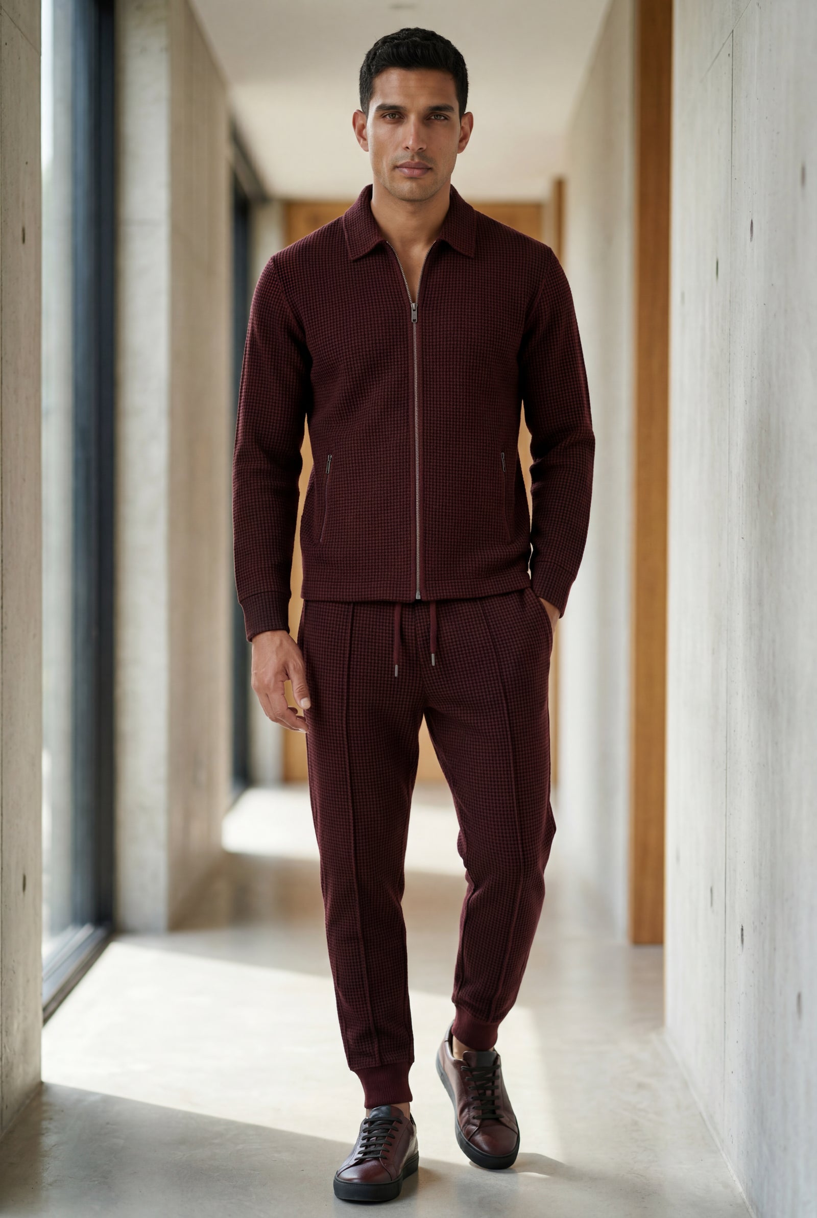 Burgundy Textured Zip-up Jacket and Jogger Set with Ribbed Detail - Two piece set - Photo 6