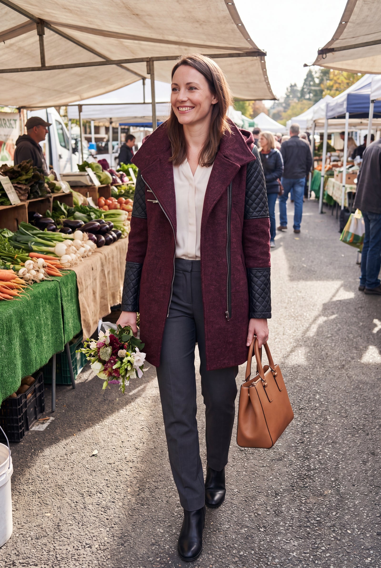 Women's Coat Hooded Elegant in Burgundy — lifestyle candid snapshot