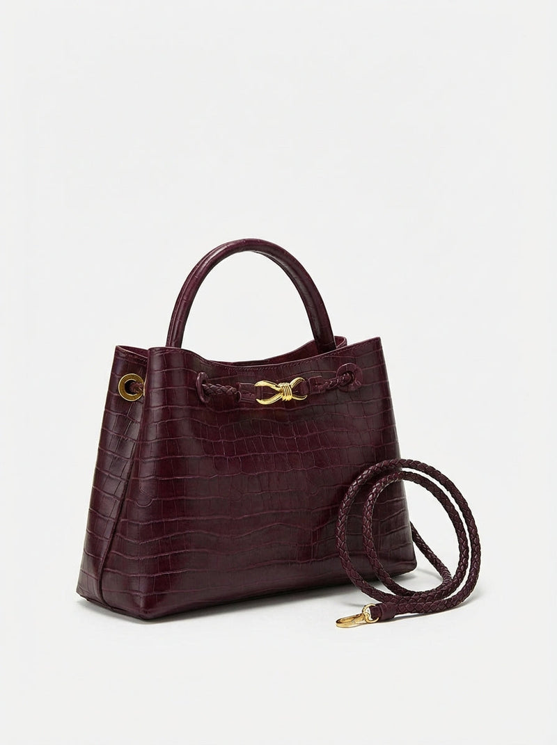 Burgundy Women's Burgundy Croc-Embossed Top Handle Bag with Gold Hardware - Compact handbags - Photo 1