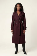 Burgundy Women's Double-Breasted Belted -Blend Trench Coat - Trench coats - Photo 1