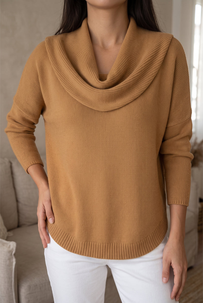Cowl Neck Knit Sweater in Camel — studio front
