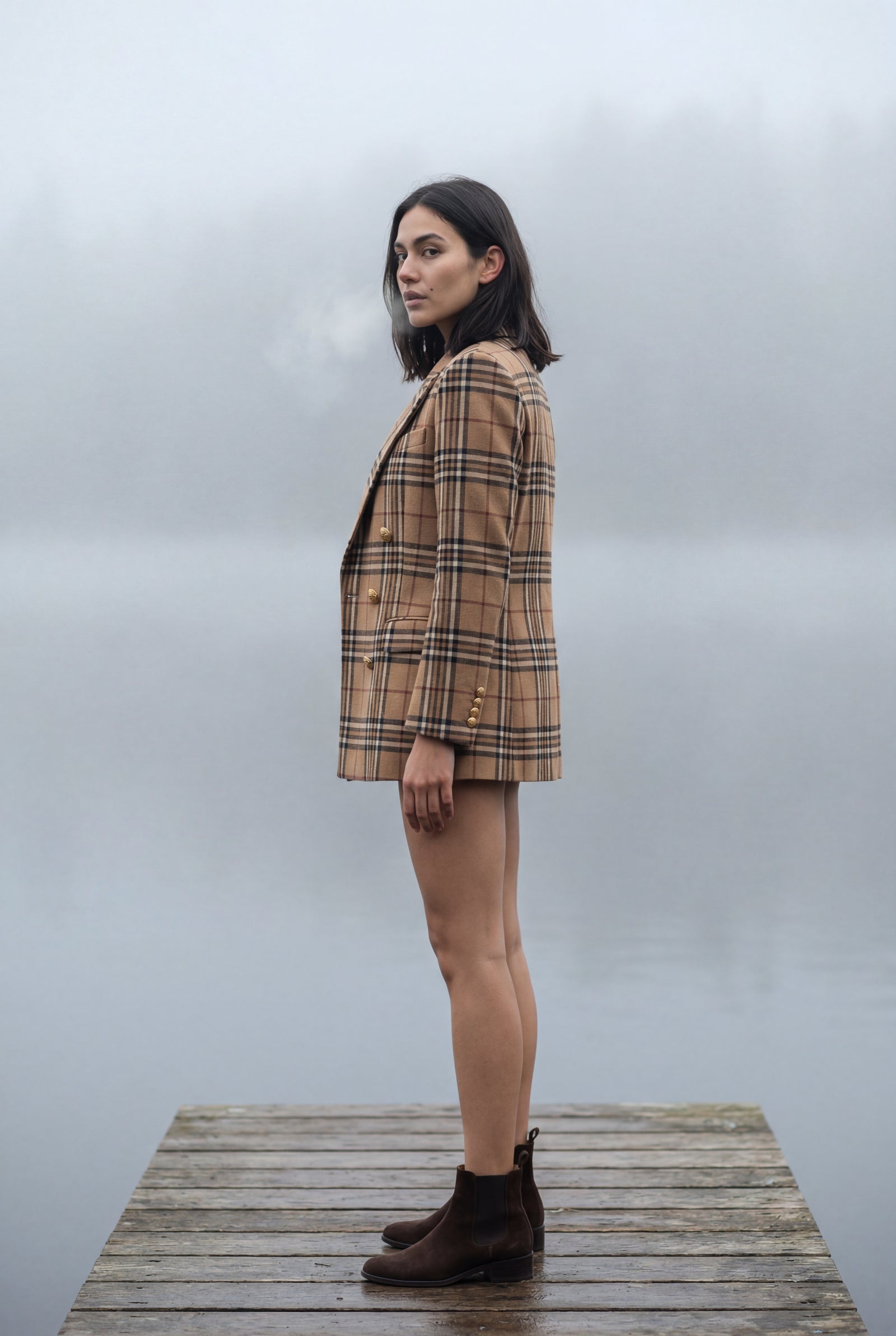 Camel Plaid Double-breasted Tailored Blazer with Gold Buttons - Blazers - Photo 14