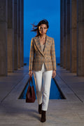 Camel Plaid Double-breasted Tailored Blazer with Gold Buttons - Blazers - Photo 15